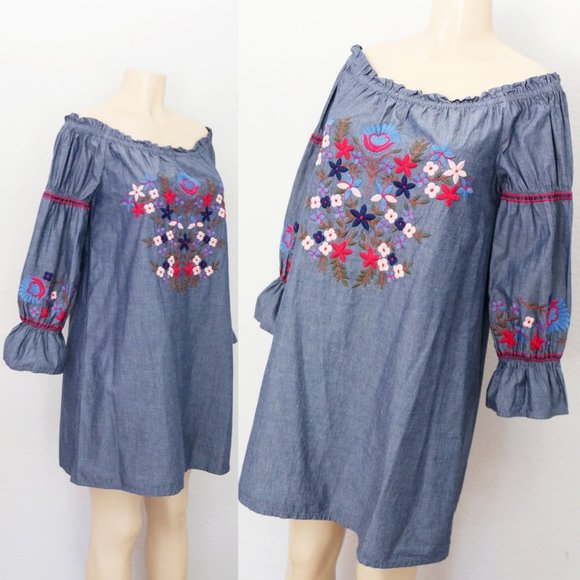 Max Studio 100% Cotton Floral Embroidered Off Shoulder Denim Chambray Dress M - Picture 6 of 15
